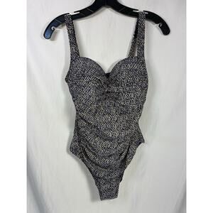 Nip Tuck Women's 8 One Piece Twist Front Swimsuit Navy/Cream Gold Multi Fit Cup